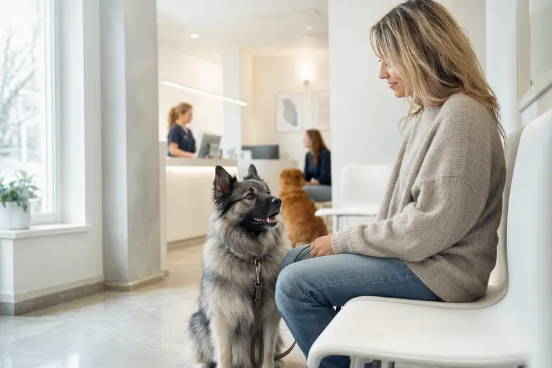 Ein Wolfsspitz sitzt ruhig neben seinem Besitzer im hellen Wartezimmer einer modernen Tierarztpraxis.